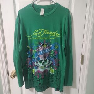 Ed Hardy‎ By Christian Audigier Green Sequin “Love Kills Slowly” Skull Tattoo